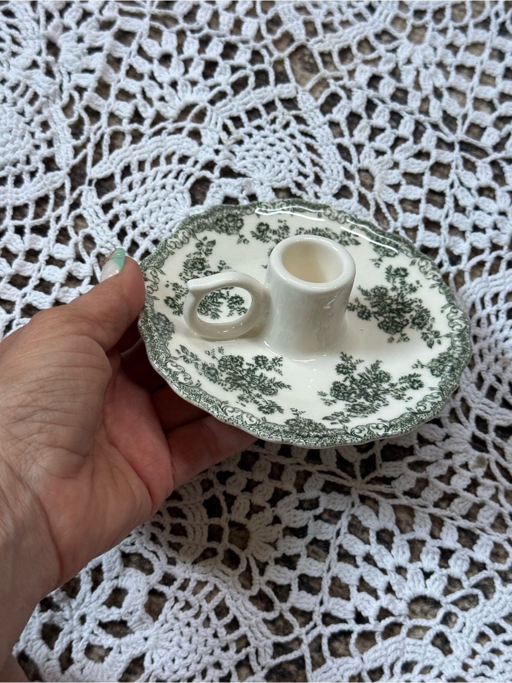 Zara White Ceramic Chamberstick with Green Floral Transferware